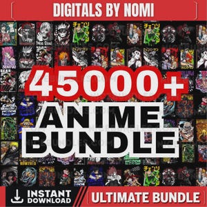 以下が含まれることがあります： 様々なキャラクターやシーンを描いた45000点以上のアニメイラストのデジタルコレクション。画像には、DIGITALS BY NOMI、45000+ ANIME BUNDLE、INSTANT DOWNLOAD、ULTIMATE BUNDLEというテキストが、太字の白と赤の文字で表示されています。