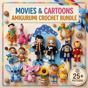 Puede incluir: Una colección de figuras amigurumi de ganchillo con personajes de películas y dibujos animados, incluyendo un niño con gafas, una niña con un libro, un superhéroe, un robot y varias criaturas. El texto dice MOVIES & CARTOONS AMIGURUMI CROCHET BUNDLE y 25+ PATTERNS.