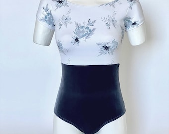 Floral Ballet Leotard, Fully Lined Bodice, Blue Grey Velvet Bottom