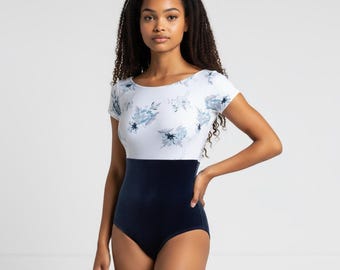 Floral Ballet Leotard, Fully Lined Bodice, Blue Grey Velvet Bottom