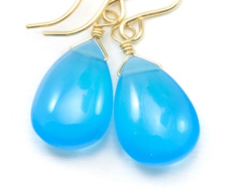 Sky Blue Chalcedony Earrings Teardrop Pear Smooth 14k Solid Gold or Filled or Sterling Silver Blue Simple Drops Unique Spyglass Designs