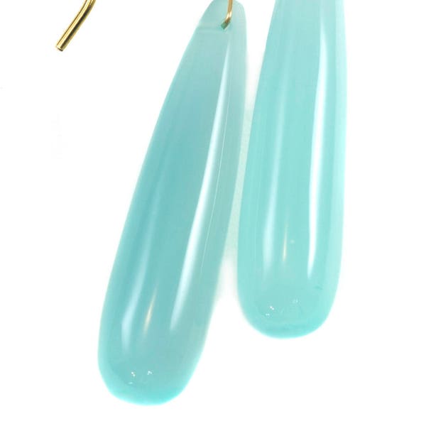 Aqua Blue Chalcedony Earrings Long Teardrop Shaped Smooth 14k Solid Gold or Filled or Sterling Silver Skinny Pale Soft Blue Natural Narrow 2