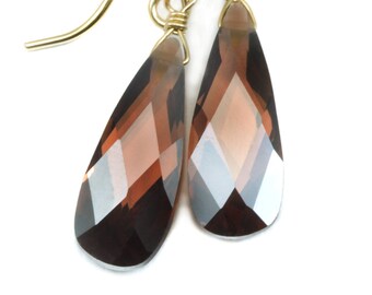 Chocolate Cubic Zirconia Earrings Long Faceted Teardrop AAA CZ Sterling Silver or 14k Solid Gold or Filled  Brown Simulated Diamond Dainty