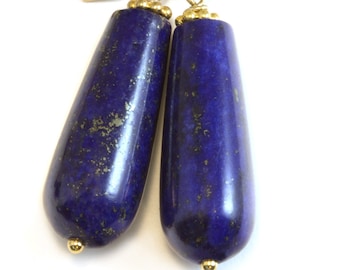 Blauwe lapis lazuli-oorbellen lange afgeronde druppels natuurlijk sterlingzilver of 14k gold filled natuurlijke tranen eenvoudig dagelijks gebruik pyrietvlekjes