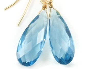 London Blue Earrings Faceted Stimulared Topaz Long Teardrop Briolette Drops 14k Solid Gold or Filled or Sterling Silver Simple Classic Drops