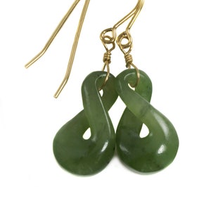 Natural Nephrite Green Jade Earrings Carved Double Infinity Teardrop 14k solid yellow gold or filled or Sterling Silver unique simple drops