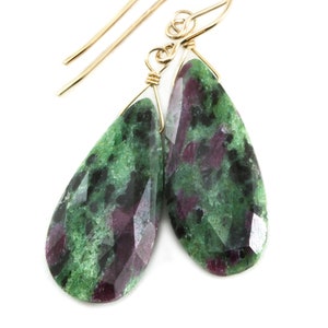 Red Ruby Zoisite Anyolite Earrings Faceted Teardrop Long Drops Sterling Silver or 14k Solid Yellow Gold or Filled Natural Large Green Red