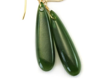 Jade Earrings Natural Green Nephrite Smooth Long Teardrop Drops 14k Solid Gold or Filled or Sterling Silver Earthy Rich Classic Simple Drops