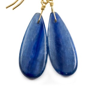 Blue Kyanite Earrings Natural  Smooth Rich blue Large Long Teardrop 14k Solid Yellow Gold or Filled or Sterling Silver Dangle Drops