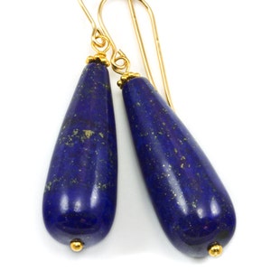 Lapis Lazuli Earrings Natural Smooth Long Teardrop Dangle 14k solid gold or 14k Gold Filled Sterling Silver Rounded Spyglass Designs Pyrite
