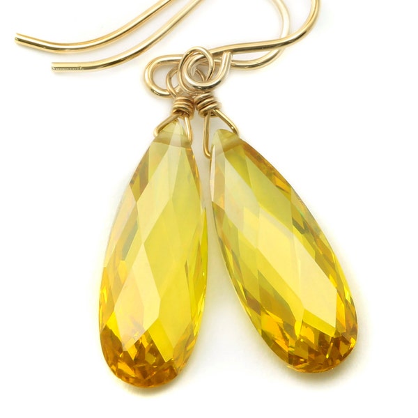 Canary Yellow Cubic Zirconia Earrings AAA CZ  Long Dangle 14k solid gold or filled or Sterling Silver Everyday dainty drops faceted simple