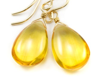 Citrine Earrings smooth Yellow Simulated Teardrop Dangle 14k solid gold or filled or Sterling Silver Spyglass Designs Simple Basic Drops