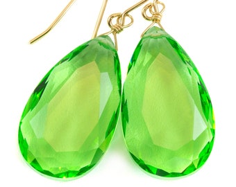 Peridot Green Earrings Sim Teardrop Large Dangle Quartz Drops Sterling Silver or 14k Solid Gold or Filled Faceted Pear Super Large Teardrops