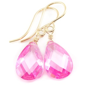 Sapphire Pink Earrings Cubic Zirconia Pear Teardrop AAA CZ 14k Solid Gold or Filled or Sterling Silver Faceted Simple Dainty Dangle Drops