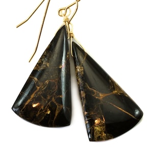 Black Copper Mosaic Obsidian Earrings Smooth Drops Sterling Silver or 14k Solid Gold or Filled Long Triangle Unique Contemporary Spyglass