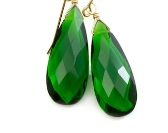 Emerald Green Earrings Faceted Simulated Emerald Pear Long Teardrop Drop Dangles Sterling Silver or 14k Solid Yellow Gold or Filled Simple