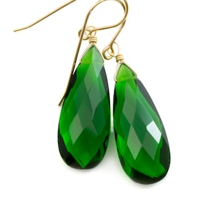 Emerald Green Earrings Faceted Simulated Emerald Pear Long Teardrop Drop Dangles Sterling Silver or 14k Solid Yellow Gold or Filled Simple