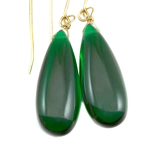 Emerald Green Earrings Smooth Long Simulated Emerald Teardrop Drop Dangle Sterling Silver or 14k Solid Gold or Filled Simple Classic 1.6 In