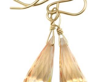 Boucles d'oreilles pendantes longues en forme de larme, serties de zirconiums cubiques couleur champagne cognac, micro-facettes AAA, en or jaune massif 14 carats ou plaqué, ou en argent sterling.