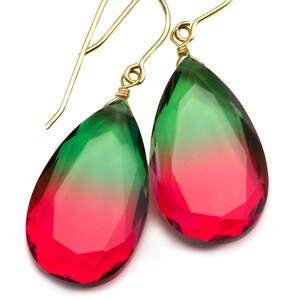 Watermelon Bicolor Simulated Tourmaline Earrings Faceted Large Bi Color Teardrop Dark Green Hot Pink Sterling Silver 14k Gold  or Filled