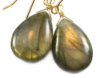 Labradorite Earrings Sterling Silver or 14k Solid Gold or Filled Smooth Fat Teardrop Large AAA Blue Green Golden Flash Pear Shape Natural