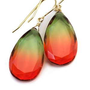 Watermelon Bicolor Simulated Tourmaline Earrings Faceted Large Bi Color Teardrop Green Yellow Pink Sterling Silver 14k Gold  or Filled