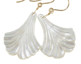 Mother of Pearl Earrings White Shell Carved Fan Leaf Teardrop Natural 14k Gold or Filled or Sterling Silver Large MOP Drops 2 Inch