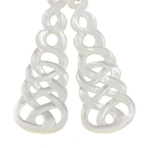Mother of Pearl Earrings White Shell Carved Relief Celtic Infinity Knot Teardrop Natural 14k Gold or Filled or Sterling Silver Large MOP 2.5