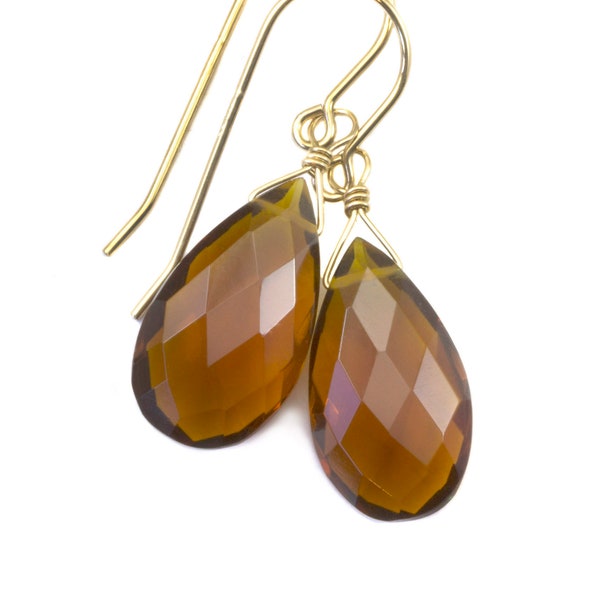 Madeira Citrine Earrings Large Simulated Faceted Briolette Pear Teardrops 14k solid gold or filled or Sterling Silver Rich Dark Yellow Amber