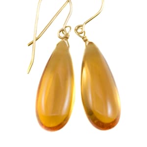 Citrine Earrings Smooth Yellow Long Simulated  Teardrop Drop Dangle Sterling Silver or 14k Solid Gold or Filled Classic Simple Rich 1.6