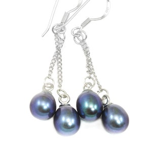 Pearl Earrings White or Peacock Black Potato Shape Double Hung Feshwater Cultured  Sterling Silver Ball Post Studs Dainty Dangles 1.6 In