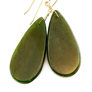 Green Jade Earrings Natural Nephrite Smooth Large Teardrop 14k gold  or filled or Sterling Silver Simple Classic Cut thin Drops Long Real