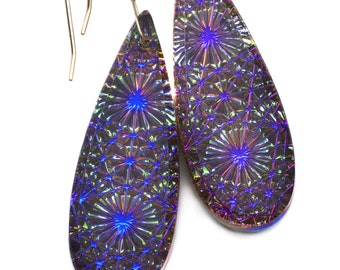 Kaleidoscope Crystal Earrings Electric Peacock Blue and Purple Engraved Large Teardrops  14k Solid Gold or Filled or Sterling Silver  2.3 "