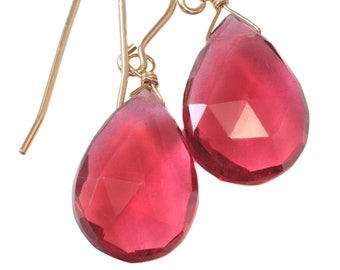 Hot Pink Earrings Faceted Simulated Sapphire Teardrop Drop Dangle Sterling Silver or 14k Solid Yellow Gold or Filled Bright Fuchsia Magenta