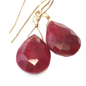 Natural Ruby Earrings Faceted Pear Shaped Teardrops 14k solid Gold or Yellow or Rose Filled or Sterling Silver Deep Rich Red Dangle Drops