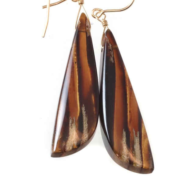 Natural Amber Earrings Sterling Silver or 14k Solid Gold or Filled Honey Smooth Long Puffed  Dangles Lightweight 2.3 Inch Spyglass Designs