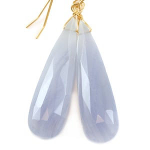 Blue Lace Agate Earrings 14k solid gold or filled or Sterling Silver Smooth Long Dangle Drops Natural Banding Soft blue Simple Drops 2.3 In