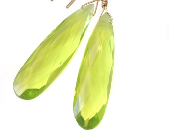 Peridot Green Earrings Faceted Large Sim Teardrop Drop Dangle Sterling Silver or 14k Solid Gold or Yellow or Rose Gold Filled Long 2 Inch