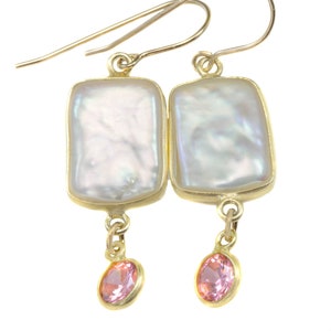Pearl Earrings 14k solid yellow gold or filled Rectangular Bezel Blue Pink Sapphire CZ Double Hung Freshwater Cultured Pearls 1.7 Inch