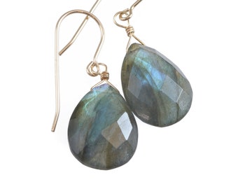 Labradorite Earrings Sterling Silver or 14k Solid Gold or Yellow or Rose Gold  Filled faceted Teardrop Blue Flash Pear Dainty Natural Simple