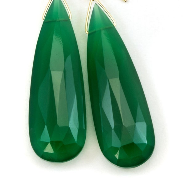 Green Onyx Earrings Faceted Long AAA Drop Dangle Large Narrow Teardrop Sterling Silver or 14k Gold Filled Rich Emerald Green Color Drops