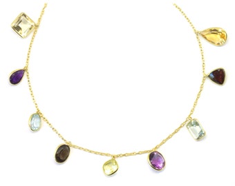 14K Yellow Gold Necklace With Fancy Cut Faceted Lemon Topaz Gemstones 16 Inches