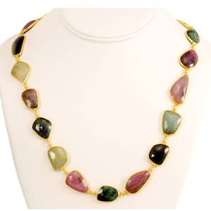 Sapphire Emerald Necklace Chain Link Faceted Raw Stones Multiple Colors 14k Gold Filled  Necklace 24 Inches Pink Blue Yellow Green