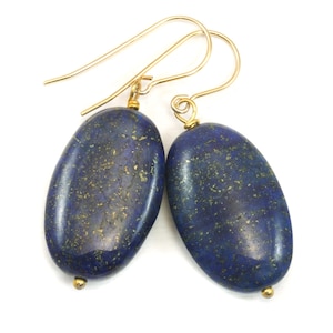 Blue Lapis Lazuli Earrings Natural Large Long Oval Smooth Sterling Silver or 14k Solid Gold or Filled Natural Pyrite Flecks Puffed Drops