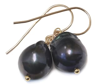 Baroque Pearl Earrings Black Peacock Large Freshwater Cultured Pearls 14k Solid Gold or Filled or Sterling Silver Natural Classic Drops