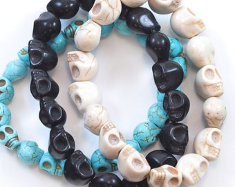 Skull Bracelet White Black Turquoise Blue Howlite Stone Skulls 7 8 Inch Man Men's Bracelet Stretchy Tibetan Mala Prayer Spyglass Designs