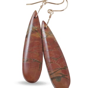 Red Creek Jasper Earrings Red Terra Cotta Brown 14k solid gold or filled or Sterling Silver Smooth Long Dangle Natural Simple Drops 2.6 In