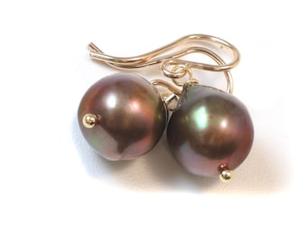 Bronze Chocolate Baroque Pearl Earrings Freshwater Cultured Pearls Drops 14k solid yellow gold or filled or Sterling silver Dangles Simple