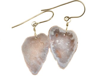 Baby Geode Earrings Tabasco White  and Peach Druzy Heart 14k Gold Filled or 14k Solid Gold  Drusy AAA Natural Fine Small Drusy Geodes Drops