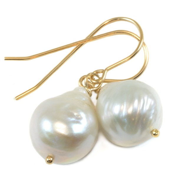 Baroque Pearl Earrings Sterling Silver or 14k Solid Gold or Filled French Earwire Silvery White Luster Simple Pearls Genuine Freshwater Drop